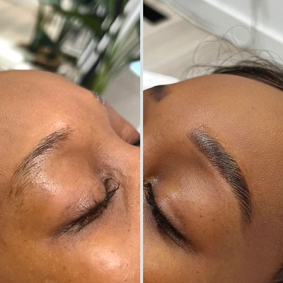 Before and after comparison showing brows laminated into a fuller, brushed-up shape