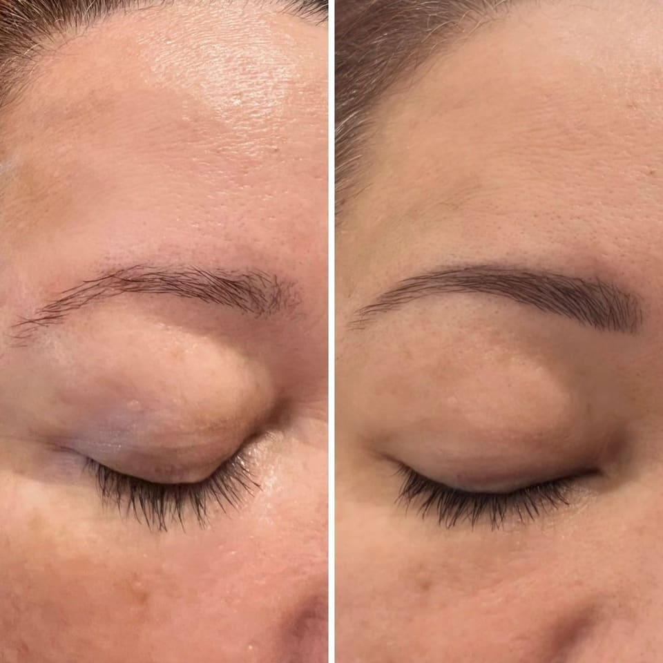 Before and after comparison of a brow shaped and tinted into a defined arch